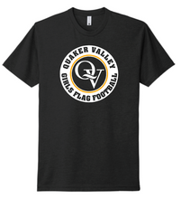 Load image into Gallery viewer, QUAKER VALLEY GIRLS FLAG FOOTBALL RINGSPUN OR DRY-FIT YOUTH &amp; ADULT SHORT SLEEVE TEE - BLACK WITH WIDE OUTLINE QV LOGO DESIGN