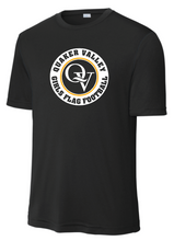 Load image into Gallery viewer, QUAKER VALLEY GIRLS FLAG FOOTBALL RINGSPUN OR DRY-FIT YOUTH &amp; ADULT SHORT SLEEVE TEE - BLACK WITH WIDE OUTLINE QV LOGO DESIGN
