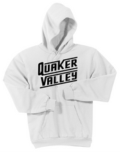 Load image into Gallery viewer, QUAKER VALLEY SLANT RETRO YOUTH &amp; ADULT HOODED SWEATSHIRT - WHITE OR JET BLACK