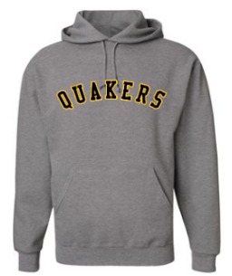 QUAKER VALLEY YOUTH & ADULT HOODED SWEATSHIRT - GREY WITH ARCHED BLACK & GOLD QUAKERS
