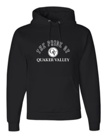 QUAKER VALLEY MARCHING BAND YOUTH & ADULT HOODED BLACK SWEATSHIRT - PRIDE OF QV OR QV MARCHING BAND DESIGN