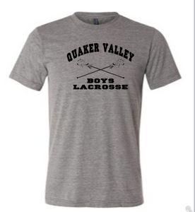 QUAKER VALLEY BOYS LACROSSE TODDLER, YOUTH & ADULT SHORT SLEEVE T-SHIRT - CROSS STICK OR TEXT DESIGN